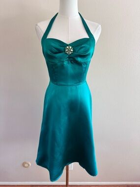 Vintage Y2K Ruby Rox Emerald Green Satin Halter Dress with Rhinestone Brooch